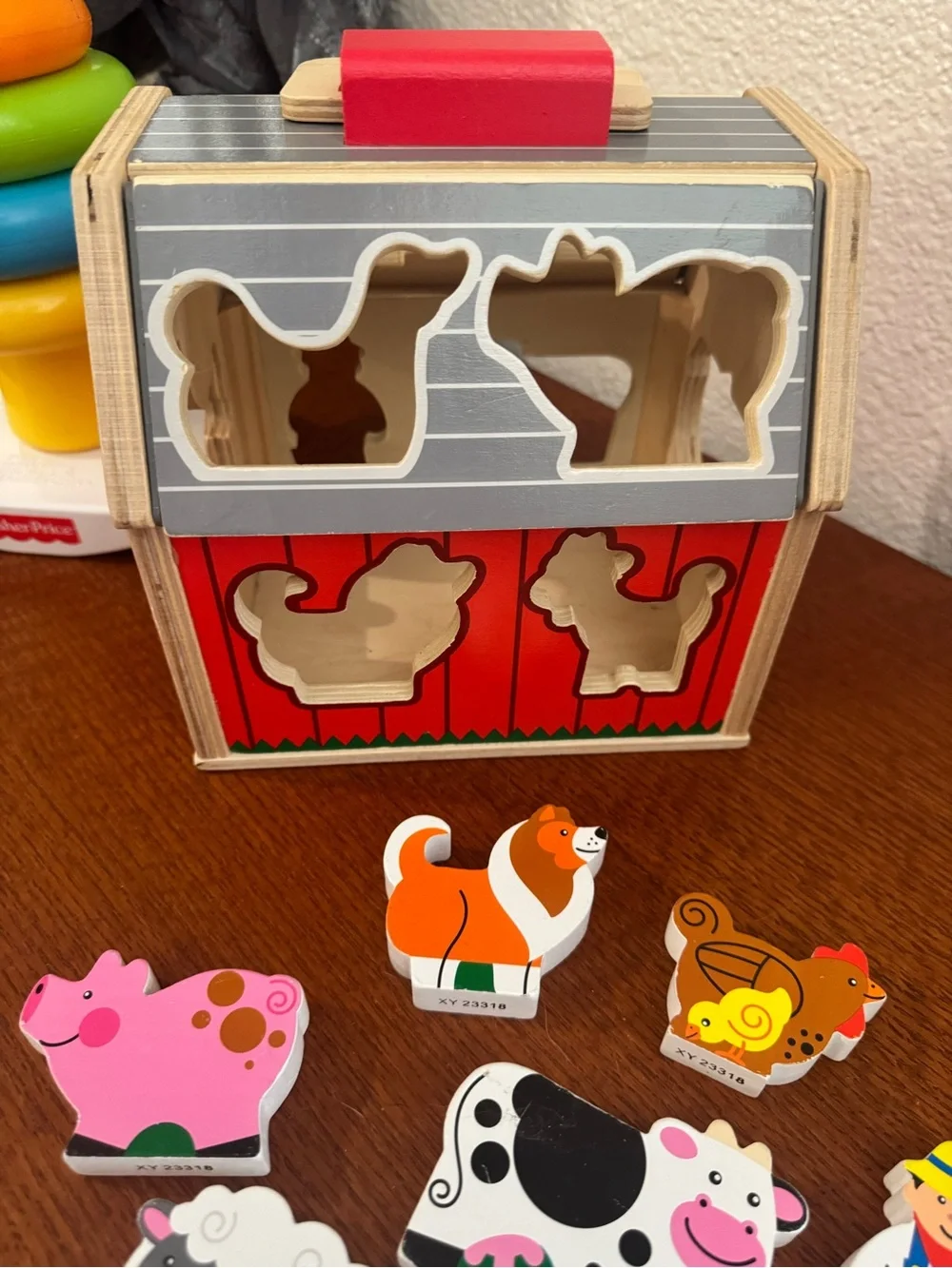 Melissa & Doug Gray Striped Wooden Farm Puzzle Box Take-Along Sorting Barn